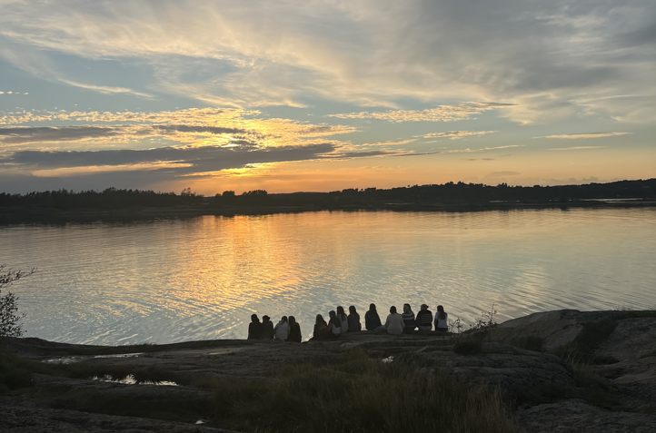 En gruppe fugler som sitter på en stein ved en innsjø